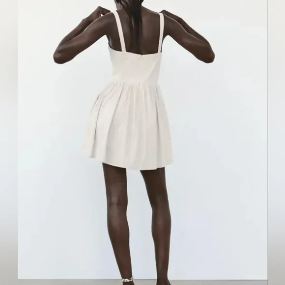 Zara White Cotton Voluminous Milkmaid Summer Pleated Sleeveless Mini Dress - Picture 3 of 7